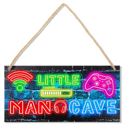 Gaming Decor for Boys Room Little Man Cave Neon Gaming Wooden Door Sign for Gamer Room Decor Kids Game Playroom Decorations Door Signs for Gamer Bedroom Nursery Playroom Wall Art