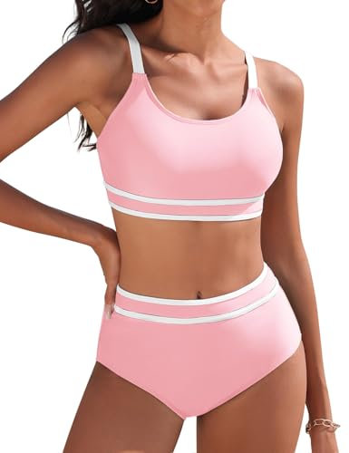 Tuopuda Maillot de Bain Femme 2 Pieces Taille Haute Push Up Rembourré Sport Bikini Deux Pièces Haut avec Bas de Maillot de Bain Swimwear de Plage Beachwear Été, Rose, L