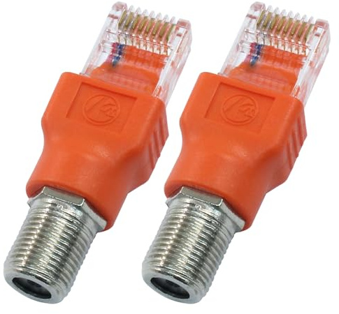 Jiozermi 2 adaptadores convertidores RF a RJ45, adaptador coaxial a Ethernet coaxial Rf F hembra a RJ45 macho convertidor para probador de línea (naranja)