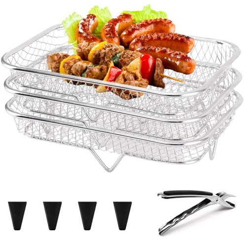 Airfryer Zubehör für Ninja Heißluftfritteuse,3 Stück 304 Edelstahl Air Fryer Racks,Grillrost Heißluftfritteuse Zubehör für Ninja Foodi Flexdrawer, Stapelbare Racks für Ninja-Ofen,Mikrowelle,Backen (D)