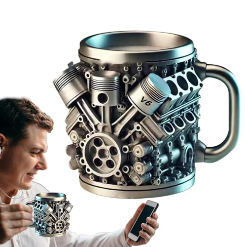 Poludatly V6/V8 Engines Edelstahlbecher, personalisierter Kaffeebecher, Motoren-Trinkbecher, Motor-Design, Edelstahlbecher, wiederverwendbare 3D-Teetasse für Auto-Enthusiasten Fans