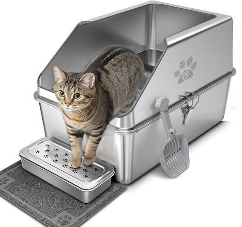 PTLOM Stainless Steel Cat Litter Tray with 30cm High Rim, Large Metal Cat Litter Box, Prevents Urine Leakage, Non-slip and Odorless,Narrow Edge Opening Pet Cleaning Tool 59.5x39.5x30cm