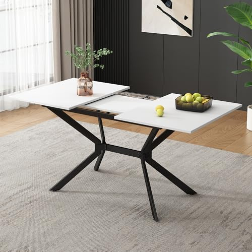 boorbin Mesa de Comedor Extensible Blanca de 120/160 cm, Patas de Metal, Color Negro, Mesa telescópica Moderna, Minimalista para 4-6 Personas, MDF, fácil Montaje (Blanco, 120/160 x 80