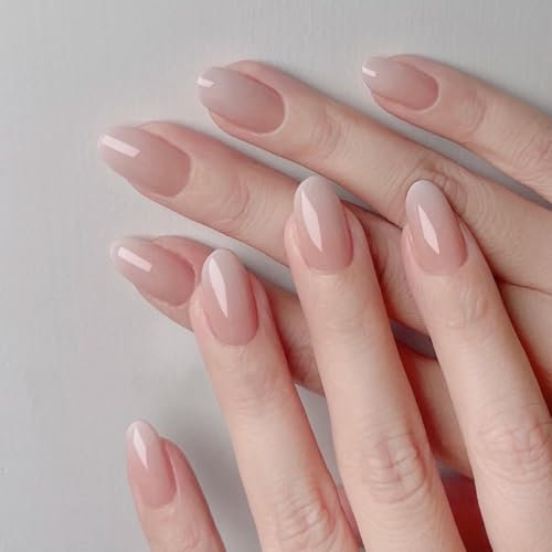 French Tip Nails - 30Pcs False Nails Short Almond - French Tips Press on Nails Nude Pink Fake Nail with Glue - Medium Length Glossy Full Cover Glue on Removable DIY Nail Art
