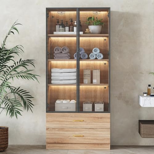 PUGSDRLY Vitrine avec Portes en Verre,Armoire de Vitrine avec Lumières LED,Bibliotheque,Armoire de Salle de Bain avec 2 Tiroirs,Moderne Meubles de Rangement,75x34.5x170cm (Marron)