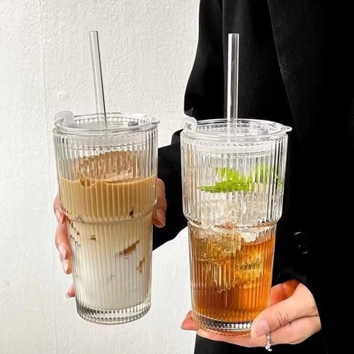 Yoxovo Lot de 2 Verre avec Paille, 600ml Verre Matcha,Verre avec Couvercle et Paille,Tasse à Jus, Verre Smoothie, Tasses en Verre à Café Glacé, Verre à Bière Qualité Supérieure,pour Famille,Fête