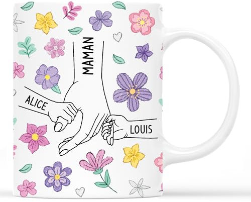 Cadeau Plus Mug Personnalisé Prénom - La Main De Maman - Fleurs Pastel - Mamie tasse, Tasse Personnalisée Maman, Cadeau pour maman, Mug grand mere (Modèle #4)