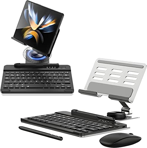 Support pour Samsung Galaxy Z Fold 5/6 avec clavier, clavier portable amovible compatible Bluetooth, support de tablette rotatif à 360°, avec souris sans fil et stylo, noir (argenté)