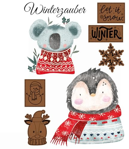 Bügelbild Set Winter für Textilien Kinder–Aufbügler mit Pinguin,Koala,Christmas,let it snow,Winterzauber,Geburtstag,T-Shirt,Beutel,Kostüm,DIY,Geschenk,Rucksack,erstes Weihnachten,Xmas,Adventskalender