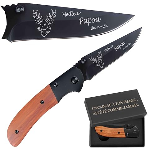 Planetee Couteau Cerf Meilleur Papou du monde | Canif | Couteau pliant | Chasse Animal | Boîte de rangement | Idée Cadeau Noël Papa Anniversaire