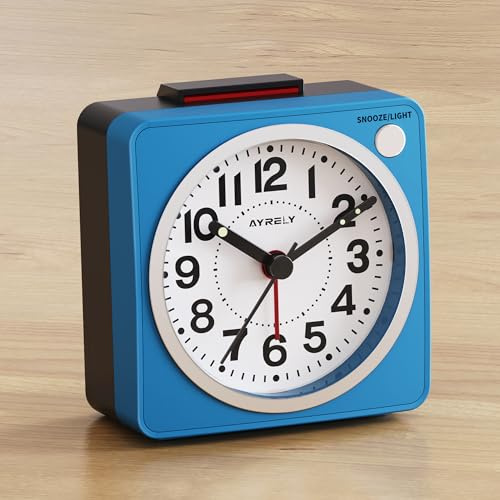 AYRELY® 6.6×3.5cm Ultra Small Analogue Travel Alarm Clock, Silent Non-Ticking, Battery Operated with Snooze & Light, Easy Top Alarm Switch, Compact Bedside Table Clock (Blue)