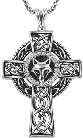 Seyaa Vintage Silver Necklace, Faith Jewellery Gift for Christmas Baptism Birthday Valentine's Day, Hand-Inlaid Diamond Punk Style Fox Crucifix Celtic knot Pendant Necklaces Men Women