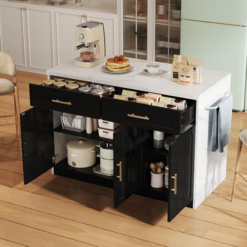 Moderna isla de cocina con barra de bar, enchufe y USB, 120 x 60 x 91 cm, cocina con 2 cajones, 3 puertas y estantes ajustables, barra de bar con toallero (negro)
