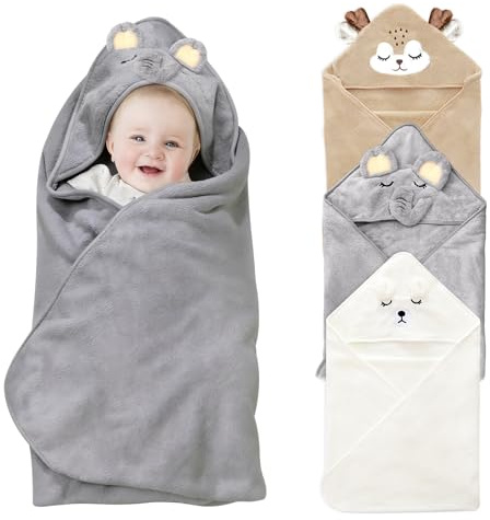 NHTJTHE 3pcs Weiches Baby Handtuch mit Kapuze, 80 x 80 cm Handtücher Badetuch,Kapuzenhandtuch Weich Baby Badetuch Super saugfähig Bademantel,Weißer Bär, Grauer Elefant, Brauer Hirsch