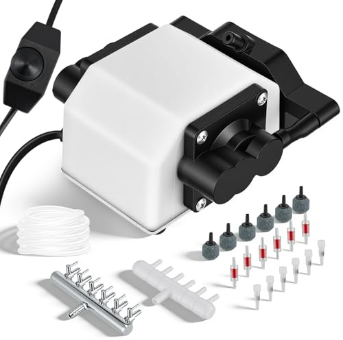 25W Pompa per Acquario con 6 Uscite, Aeratore Acquario Silenzioso fino a 3300L/H, Ossigenatore per Acquario Regolabile per Grandi Acquari, Laghetti da Giardino e Idrocoltura, Pompa Aria Potente