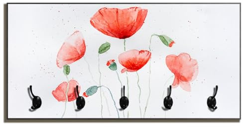 Wallario Wandgarderobe aus Holz in Größe 80 x 40 cm in Premium-Qualität, Motiv: Mohnblumen in Aquarell | 5 Kleiderhaken zum Aufhängen