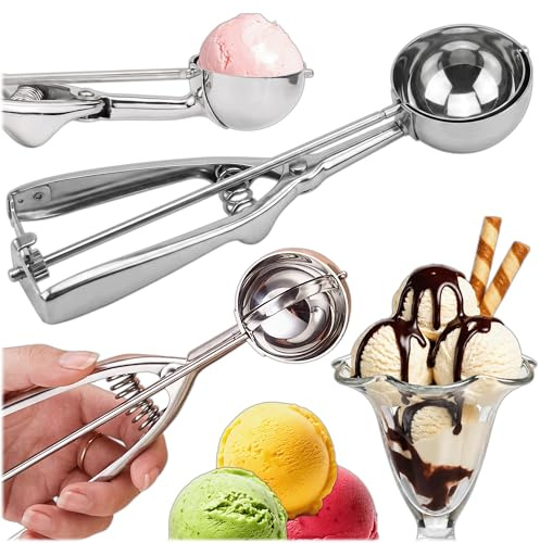 KRUMAD Eisportionierer, Portionierer für Eiscreme, Eislöffel, Eisschaufel | mit Auslöser, Federmechanismus, Edelstahl, Ergonomischer Griff, für Sorbets, Pürees und Muffins, Gleiche Portionen, Silber