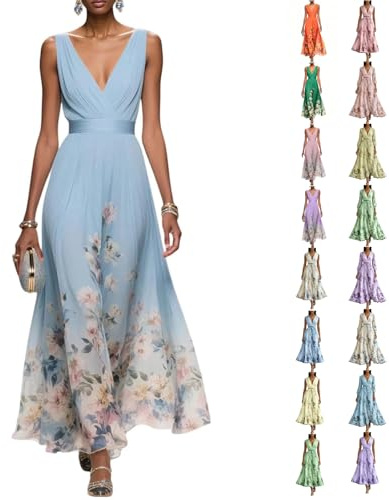 Générique Robe Femme Chic et Elegant Femme Robe de Soirée Chic Longue Col V À Fleur Mousseline Longue Maxi Dress Plage D'Été Cocktail Mariage Robes de Demoiselle d'honneur