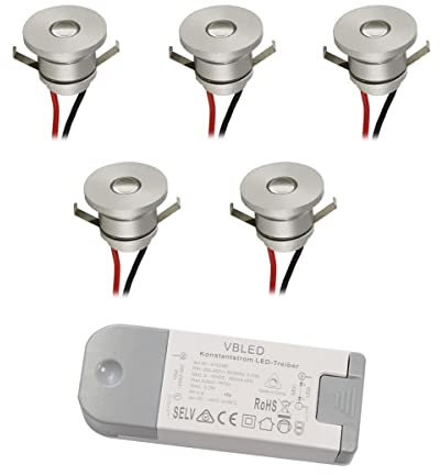 VBLED® LED Aluminium Mini Einbaustrahler IP44 wassergeschützt - 1W 350mA 80lm warmweiß (3000 K) (5er-Set)