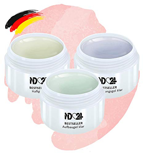 ND24 NailDesign – Gel Set mit Haftgel + Aufbaugel Klar + Finish Versieglergel für Gelnägel – Gel für eine Naildesign Modellage wie im Nagelstudio – für Anfänger geeignet – Made in Germany (3x 15ml)