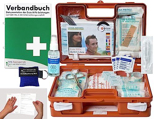 Verbandskoffer/Verbandskasten (K) Typ CN - Erste Hilfe nach aktueller DIN 13157 für Betriebe -DSGVO- INKL. PERFORIERTEM VERBANDBUCH + Hygiene-Gel & Notfallbeatmungshilfe
