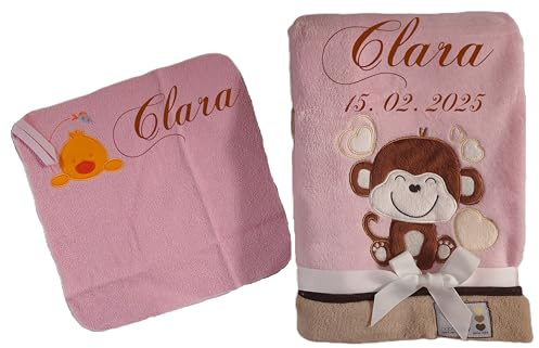 Wuff-Dogsworld Babydecke rosa mit Namen Bestickt personalisiertes Babygeschenk zur Geburt Taufe mit besticktem Waschlappen Kuscheldecke für Baby Mädchen (rosa Äffchen)
