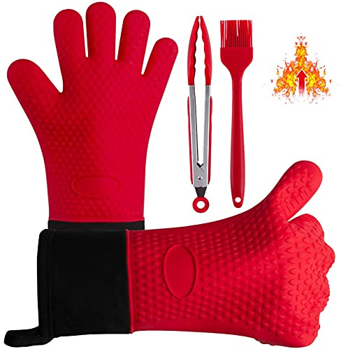 Boxalls Guantes Horno Juego, Guantes de Cocina de Silicona Resistentes al Calor con Pinzas de Cocina y Cepillo, Guantes de Barbacoa para Asar, Cocinar, Hornear y Cocinar (Rojo)