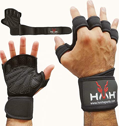 HMH Sports Gants d'haltérophilie pour Hommes et Femmes avec Support de Poignet, Protection de Paume rembourrée, Gants d'exercice, Gants de Fitness, Gants d'entraînement (with Wrist Band, Large)
