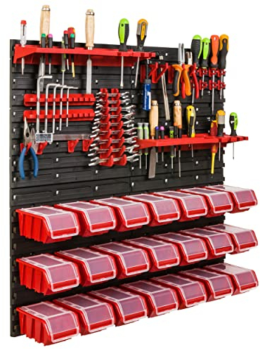 Lagersystem Werkstattregal | 78 x 78 cm | 21 stck. Box | Wandregal mit Werkzeughalterungen und Stapelboxen - Wandplatten Extra Starke Schüttenregal Warkzeuglochwand Lagerregal Garage Regal (5)