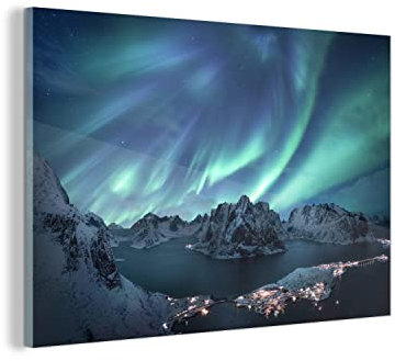 MuchoWow Glasbild Glasfoto Wandbild Bilder Deko 150x100 cm Nordlichter - Grün - Meer