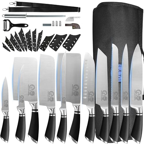 XYJ couteau de chef professionnel set, 11 pièces couteau de chef set avec sac, fourreau, cuisine couteau de boucher, découpe de cuisine, haché, santoku, fruits, acier inoxydable