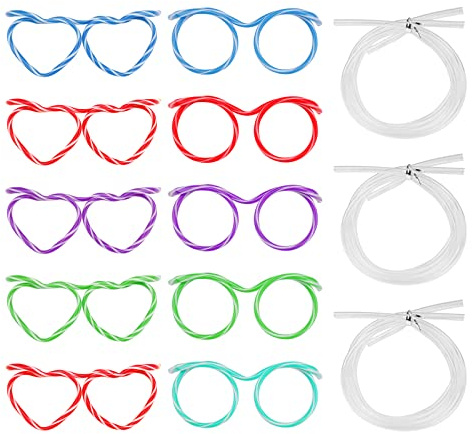 10 Piezas Novedad Gafas de Pajita,Paja Reutilizables para Gafas,Pajitas divertidas para Fiestas,Divertido Pajitas de Bucle Corazón,Pajitas Rizadas para la Fiesta de los Niños Reunión Anual Cumpleaños