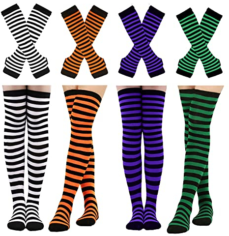 Barrlves 2/4 Sets Damen Gestreifte Kniestrümpfe Lange Strick Armstulpen Fingerlose Handschuhe für Halloween Weihnachten Kostüm, 4 Sets gestreift schwarz + orange + lila + grün, Einheitsgröße