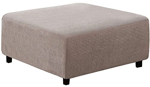 qiden Quadratischer Hockerbezug Stretch-Ottomanenbezug Plüsch, 10% Dicker großer Stretch-Hockerbezug Anti-Rutsch-Fußhocker Schonbezüge mit elastischer Unterseite-Taupe-XL