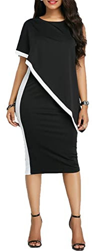 UNKUS Damen Rundhalsausschnitt, eine Schulter, Kontrastfarbe, schmal geschnitten, Po gewickeltes Partykleid, mittellanges Damenkleid