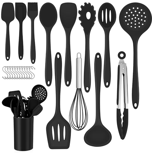 Joyfair Lot de 25 ustensiles de cuisine en silicone anti-adhésifs et résistants à la chaleur avec porte-ustensiles et crochets en S, passe au lave-vaisselle, noir