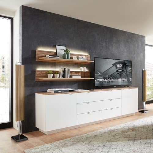 Lomadox TV Sideboard Set mit Wandregalen Fernsehschrank weiß mit Eiche, Breite 240 cm inkl. LED Beleuchtung, Wohnwand, Fernsehwand