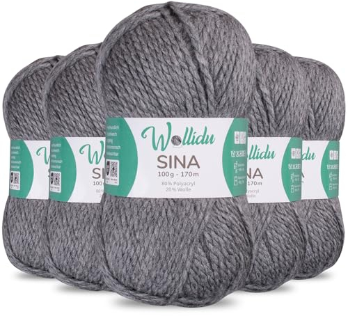 Wollidu Sina Wolle zum Stricken und Häkeln 500g Premium Strickwolle/Häkelwolle Set OEKO-TEX zertifiziert 5 x 100g/170m 80% Polyacryl 20% Schafwolle mulesing-frei - Dunkelgrau