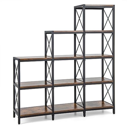 COSTWAY 4-Tier Bookshelf, 9 Cubes Bookcase Storage Shelving Unit with Carbon Steel Frame, Anti-Tipping Kits and Adjustable Foot Pads, Display Rack Shelf for Home Office, Living Room & Bedroom