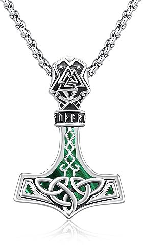 TwoAnts Thors Hammer Halskette für Herren 925 Sterling Silber Mjolnir Anhänger Halskette mit Malachit Nordische Wikinger Runen Amulett Halskette Wikinger Schmuck Geschenke für Damen