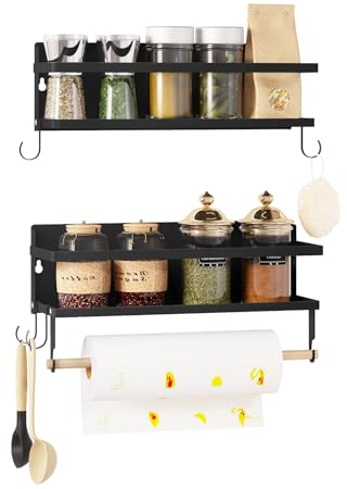 WOLTU Gewürzregal Wand 2er Set, Wandregal Küche mit Küchenrollenhalter 4 Haken, Küchenregal Gewürz Organizer hängend, Hängeregal Duschablage, aus Metall Holz, 30 cm breit, Schwarz
