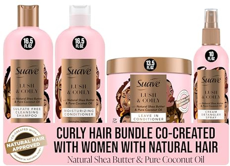 Suave Luscious Curly Hair Shampoo and Conditioner Set for Women With Natural Hair, with Leave-In Conditioner for Curly Hair and Detangling Spray, 4 Count
