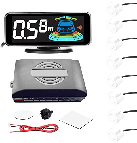 SHUAIGUO Auto Rückfahrwarner Einparkhilfe,Auto Parksensor Heck Rückfahrradar System mit 8 Sensoren Universal rückfahrwarner mit LED Farb Display,Rückwärtsgang Audio Buzzer Alarm Kit (Weiß)
