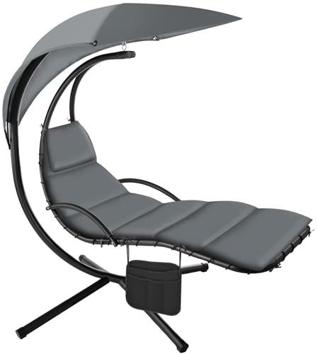TecTake® Bain de Soleil Suspendu Siege Suspendu avec Support Fauteuil Confortable avec Parasol, Matelas, Protection UV et Poche latérale pour Salon de Jardin Exterieur ou Intérieur