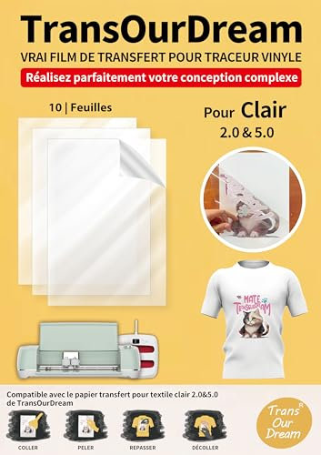 TransOurDream Vrai film de transfert pour traceur, compatible avec papier transfert pour textile clair 2.0&5.0 de Vinyle autocollant transparent, film adhesif transfert, FR-TRANSFER TAPE-CLAIR-10