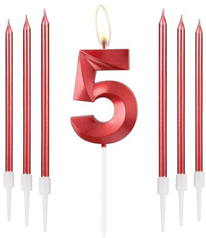 mciskin Red 5 Birthday Candles-3D Design Number 5 Candle for Cake with 6pcs Long/Thin Candles Set, Red Cake Topper for Girl 5th Birthday Decorations Supplies,5th Wedding Anniversary Decorations