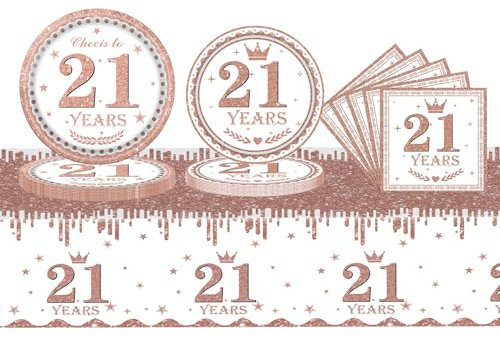 53Pcs Tableware Set - Rose Gold 21st Birthday Table Cloth, Napkins, Plates & Dinnerware for Her 21st Birthday Party Supplies