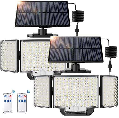 SIGRILL Luz Solar Exterior 212 LED, Focos Led Exterior Solares Sensor de Movimiento, 2200mAh Luces Solares IP65 Impermeable, Lampara Solar con Mando a Distancia (2 Paquete - Blanco Frío)