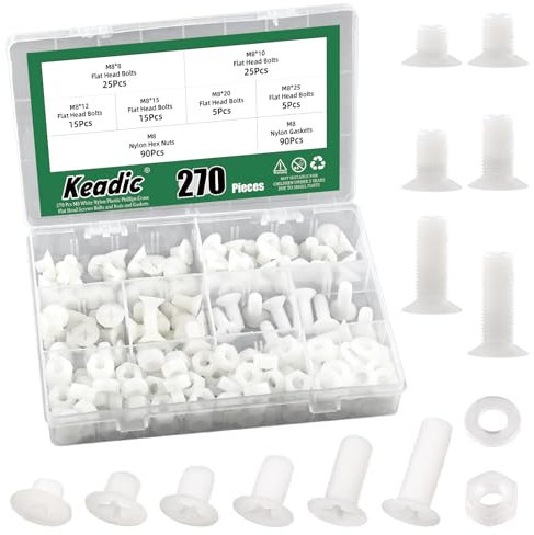 Keadic Lot de 270 vis M8 en nylon blanc pour machine à tête plate, vis métriques, vis à tête plate, kit d'assortiment de boulons métriques, compte-gouttes, pour machine