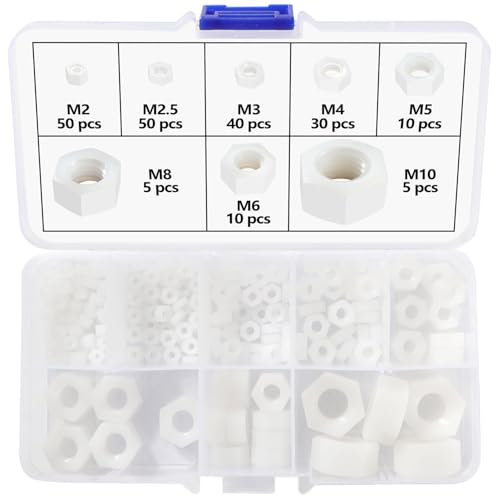 Lyeteung 200 Pezzi M2/M2.5/M3/M4/M5/M6/M8/M10 Dadi Esagonali in Plastica, Dadi Esagonali in Nylon, Dado Esagonale Filettato Metrico, Bianco